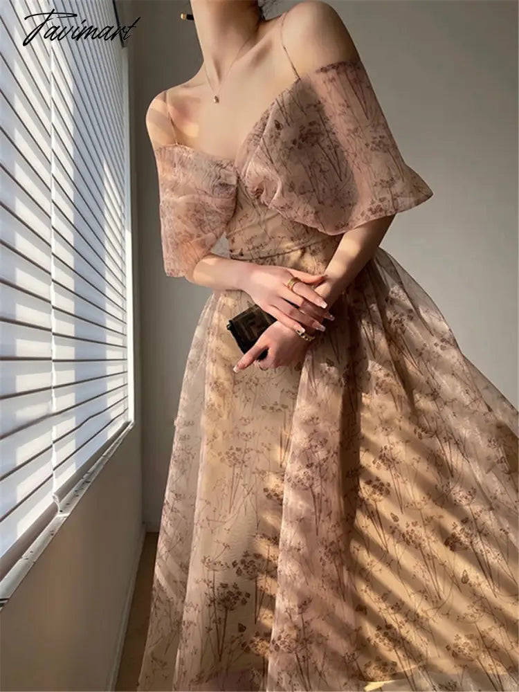 Spaghetti Strap Dress Vintage Women Floral Fashion Elegant Slim A-line Printed Dresses Summer Ladies Evening Female Clothes
