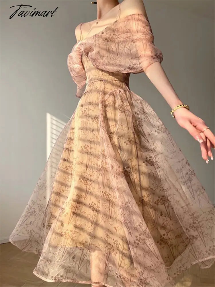Spaghetti Strap Dress Vintage Women Floral Fashion Elegant Slim A-line Printed Dresses Summer Ladies Evening Female Clothes