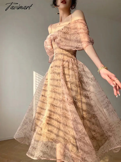Spaghetti Strap Dress Vintage Women Floral Fashion Elegant Slim A-line Printed Dresses Summer Ladies Evening Female Clothes