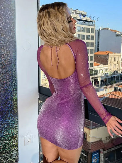 Sweetheart Corset Sheer Mesh Long Sleeve Glitter Mini Dress