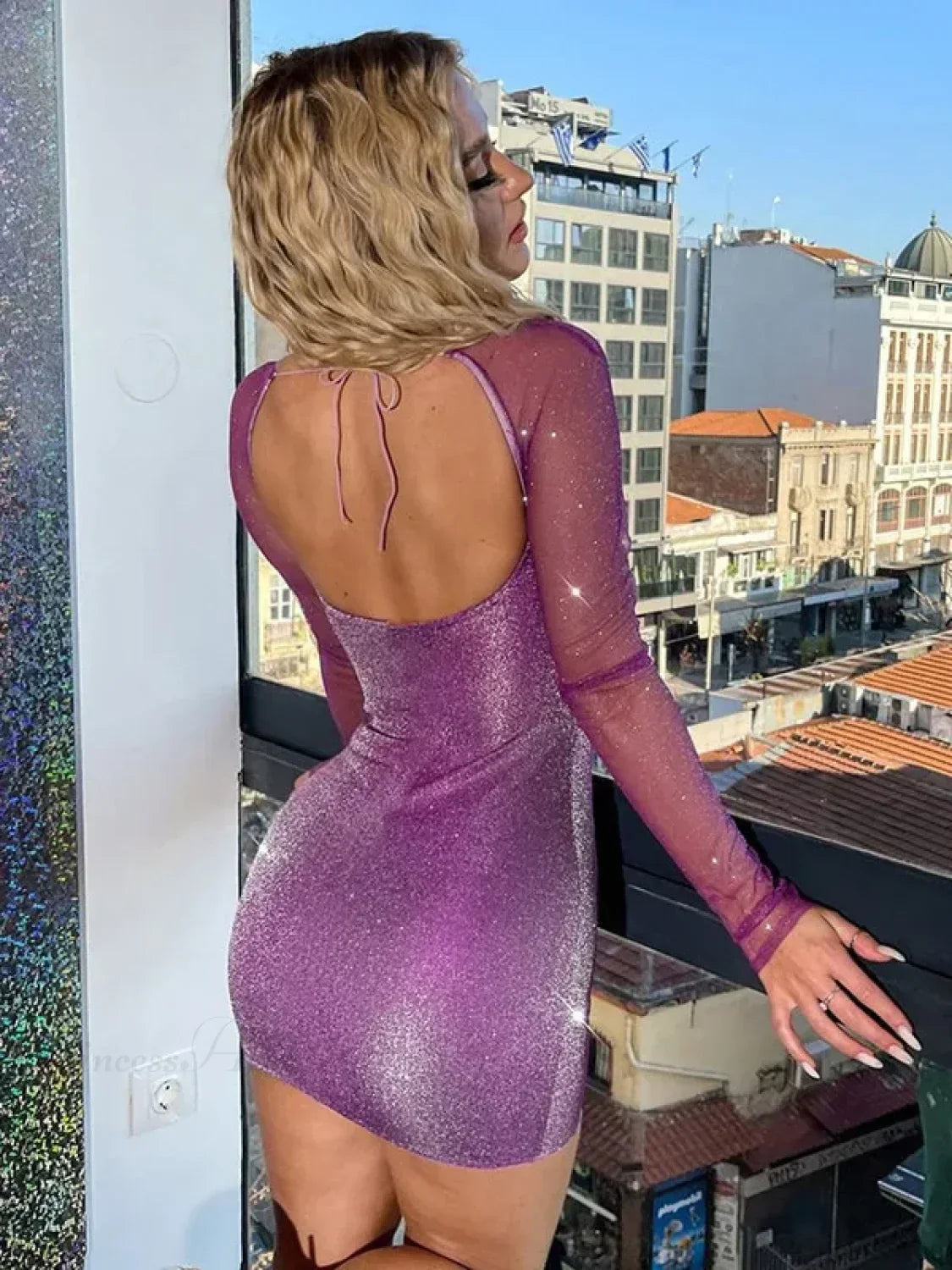 Sweetheart Corset Sheer Mesh Long Sleeve Glitter Mini Dress