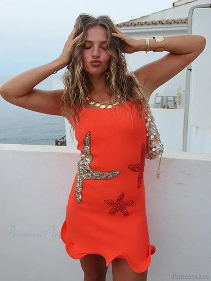 Starfish Appliqué Scoop Neck Ruched Scalloped Hem Bodycon Mini Dress