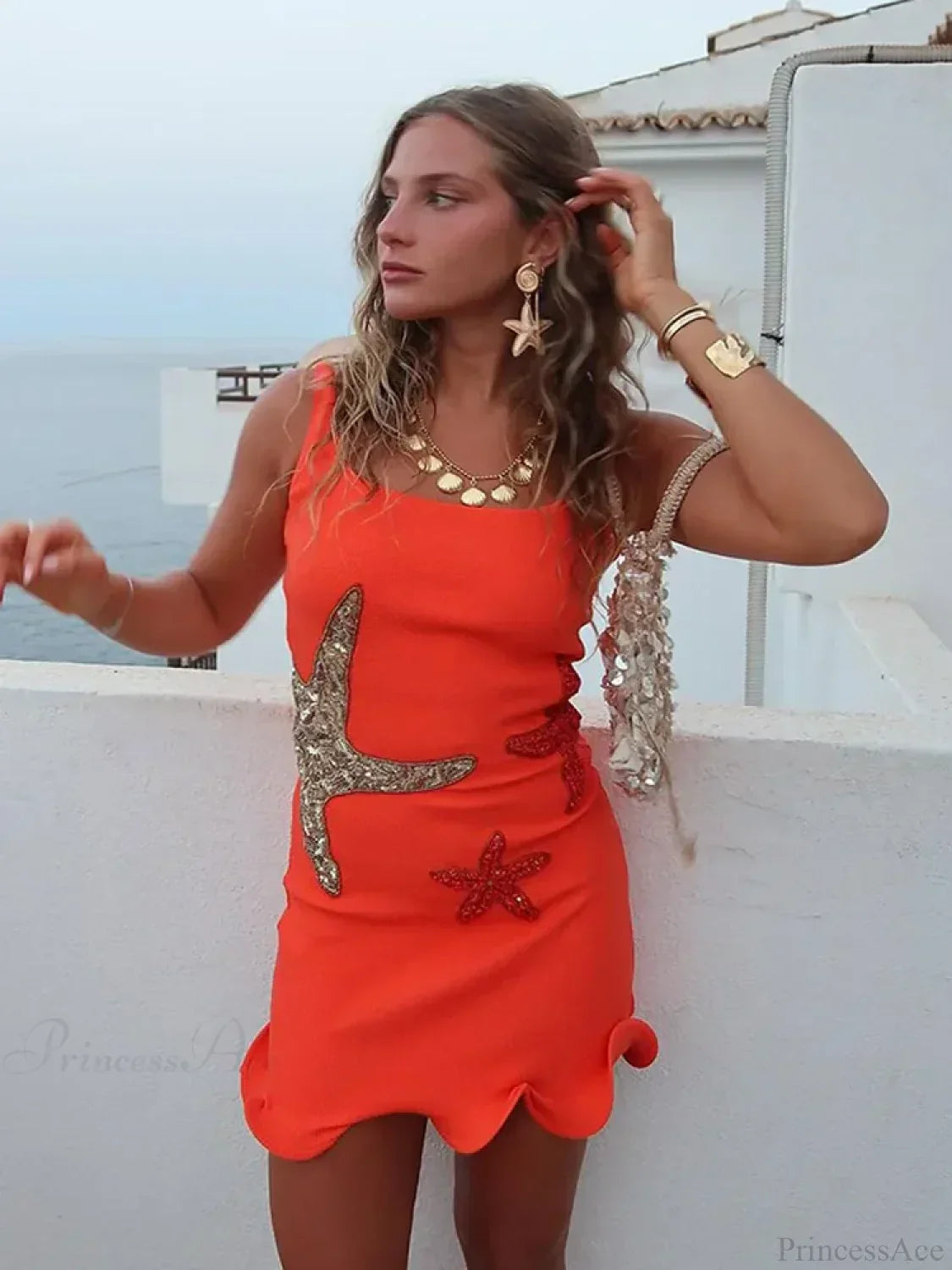 Starfish Appliqué Scoop Neck Ruched Scalloped Hem Bodycon Mini Dress