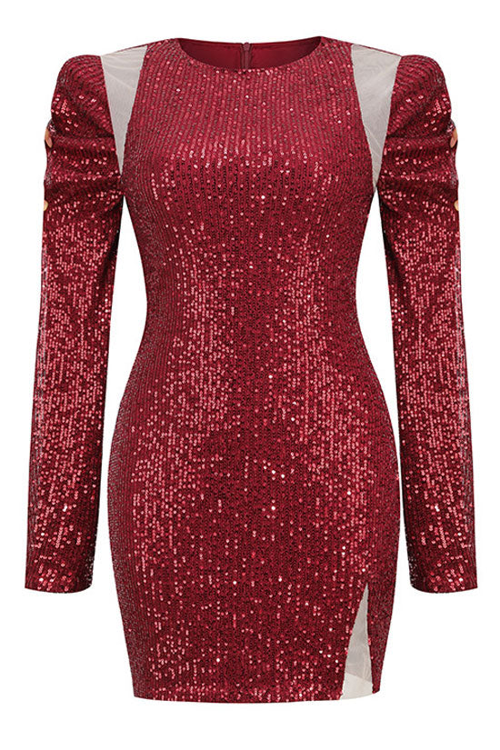 Sequin Long Sleeve Cold Shoulder Mesh Insert Side Slit Mini Dress