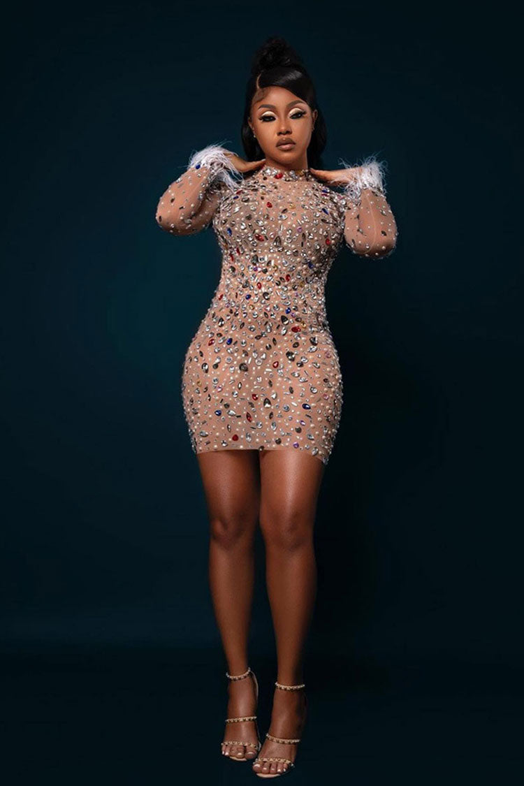 Rhinestone Pearl Embellished Mock Neck Feather Cuff Sheer Mesh Bodycon Mini Dress