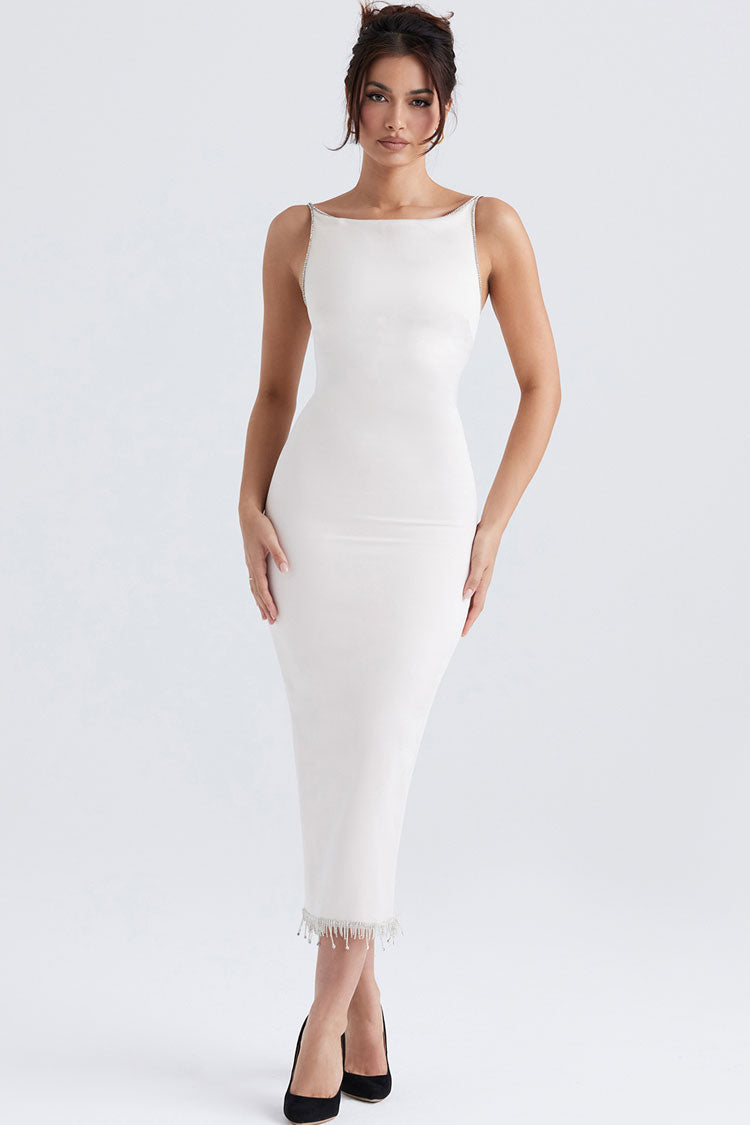 Boat Neck Beaded Fringe Trim Sleeveless Bodycon Satin Midi Dress