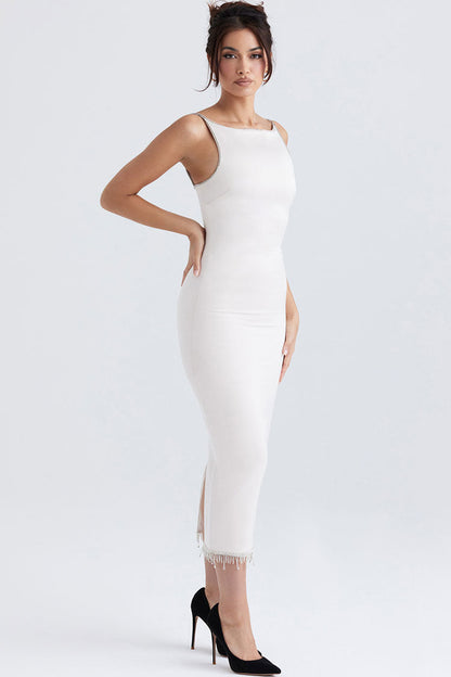 Boat Neck Beaded Fringe Trim Sleeveless Bodycon Satin Midi Dress