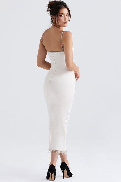 Boat Neck Beaded Fringe Trim Sleeveless Bodycon Satin Midi Dress