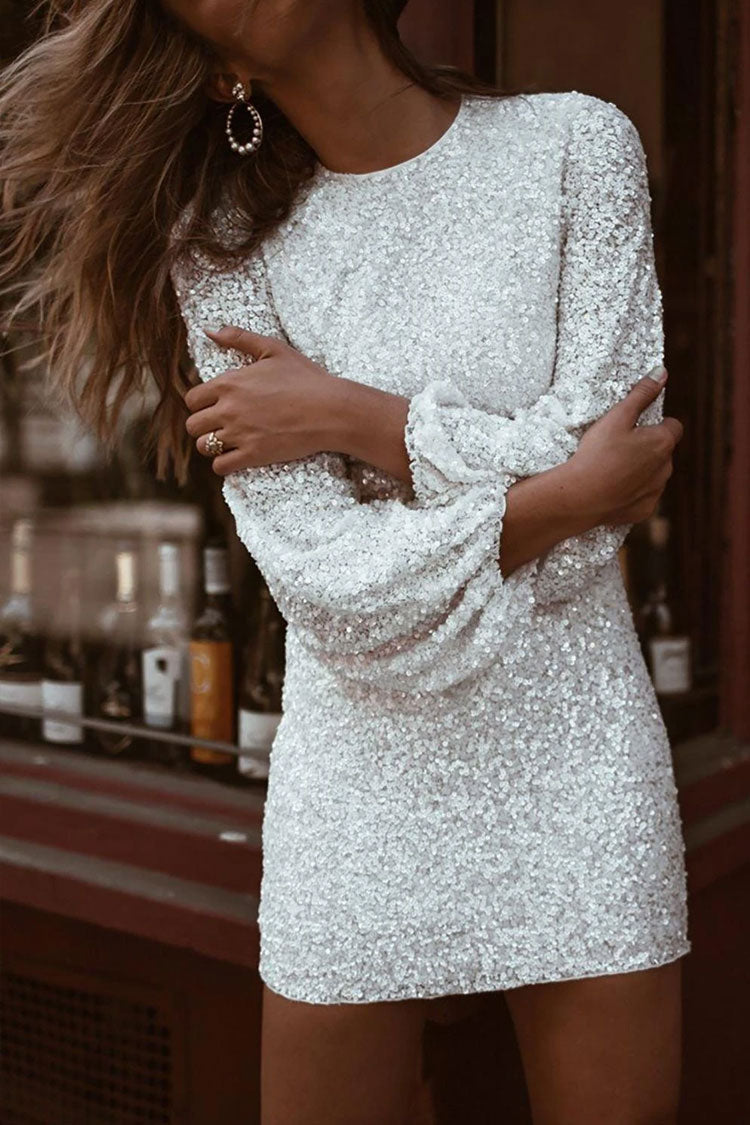 Black Round Neck Long Sleeve Sequin Bodycon Mini Dress