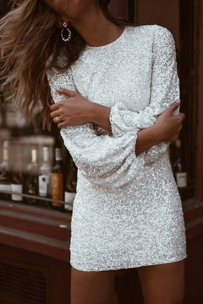 Black Round Neck Long Sleeve Sequin Bodycon Mini Dress