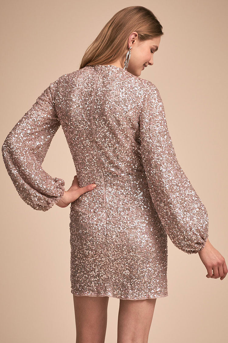 Black Round Neck Long Sleeve Sequin Bodycon Mini Dress