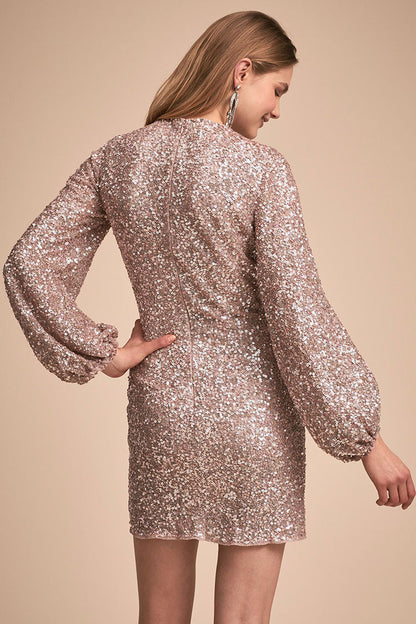 High Neck Lantern Sleeve All Over Sequin Bodycon Mini Dress