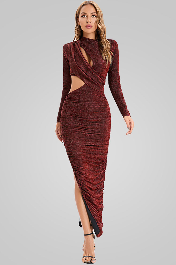 Mock Neck Long Sleeve Glitter Cutout Ruched High Slit Bodycon Maxi Dress