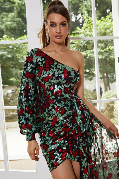 One Shoulder Puff Sleeve Sequin Floral Embroidered Side Train Mini Dress