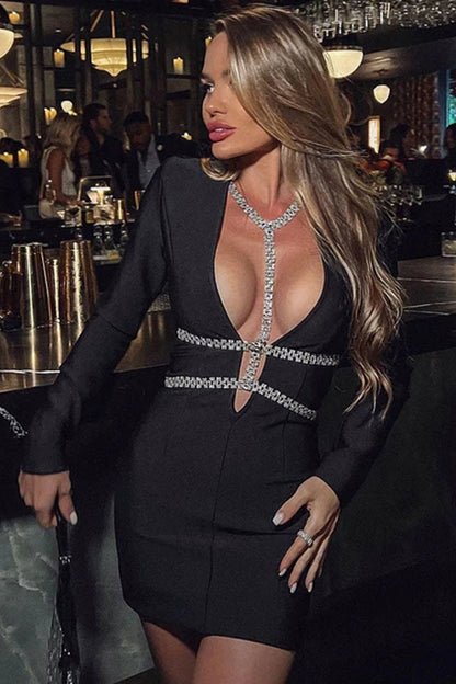 Deep V Neck Long Sleeve Rhinestone Harness Bandage Mini Dress