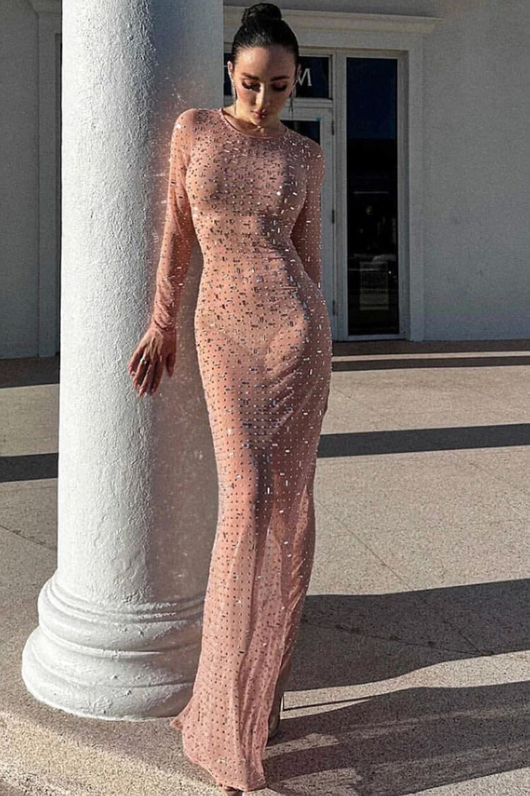 Rhinestone Embellished Sheer Mesh Long Sleeve Bodycon Maxi Dress
