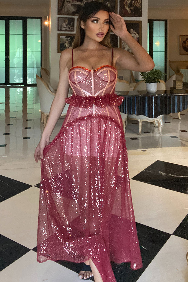 Rhinestone Sweetheart Corset Tulle Sequin Maxi Dress