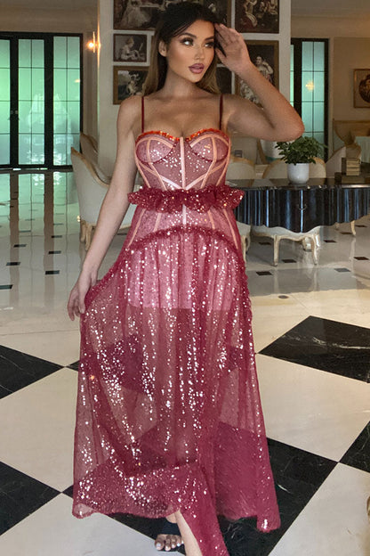Rhinestone Sweetheart Corset Tulle Sequin Maxi Dress