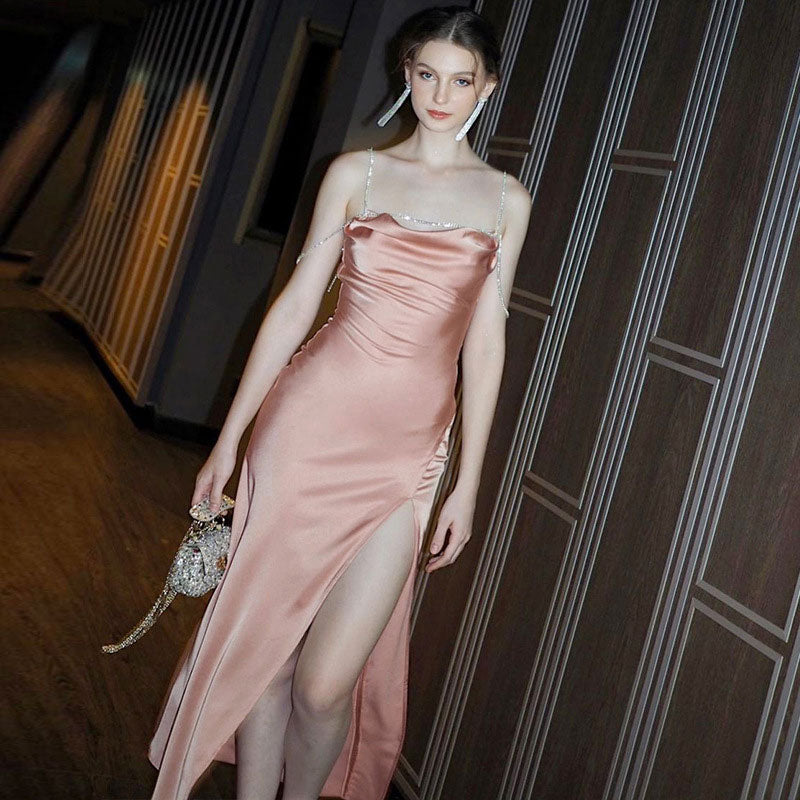 Cowl Neck Rhinestone Trim High Slit Backless Maxi Dress