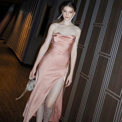 Cowl Neck Rhinestone Trim High Slit Backless Maxi Dress