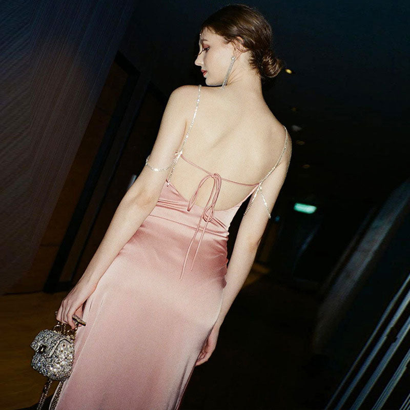 Cowl Neck Rhinestone Trim High Slit Backless Maxi Dress