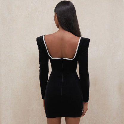 V Neck Rhinestone Trim Velvet Long Sleeve Mini Dress