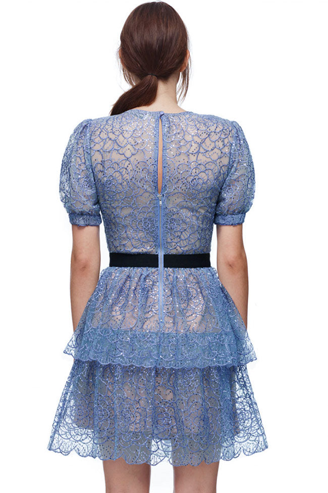 Sequin Floral Lace Puff Sleeve Crew Neck Contrast Waist Tiered Mini Dress