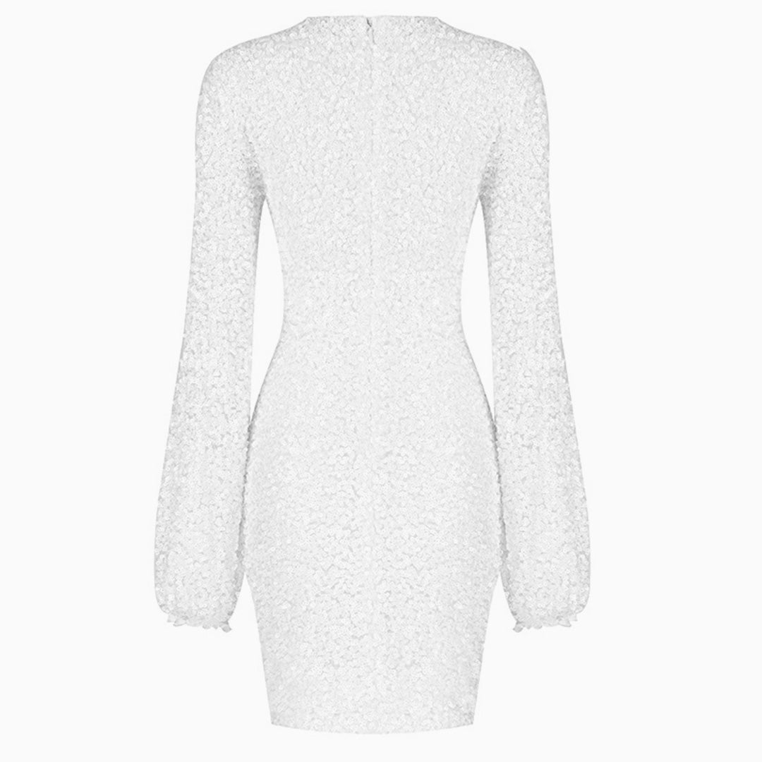 High Neck Lantern Sleeve All Over Sequin Bodycon Mini Dress
