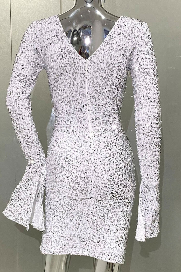 Sequin Twist Cutout Long Sleeve Crew Neck Ruched Bodycon Mini Dress