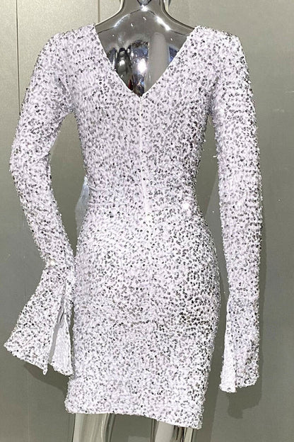 Sequin Twist Cutout Long Sleeve Crew Neck Ruched Bodycon Mini Dress