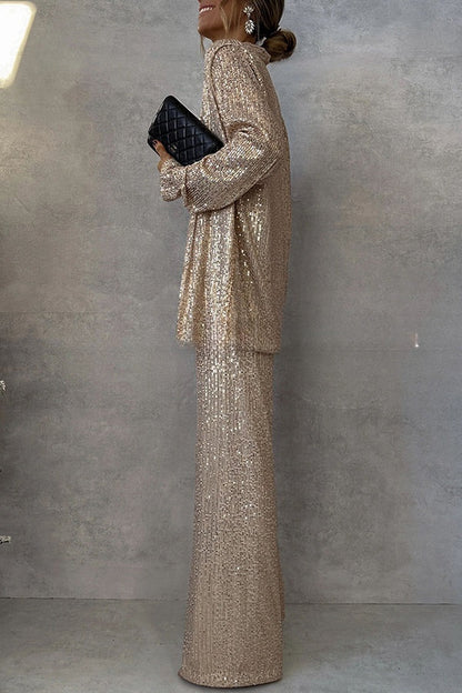 Party Scene Sequin High Rise Elastic Waist Wide Leg  Pants