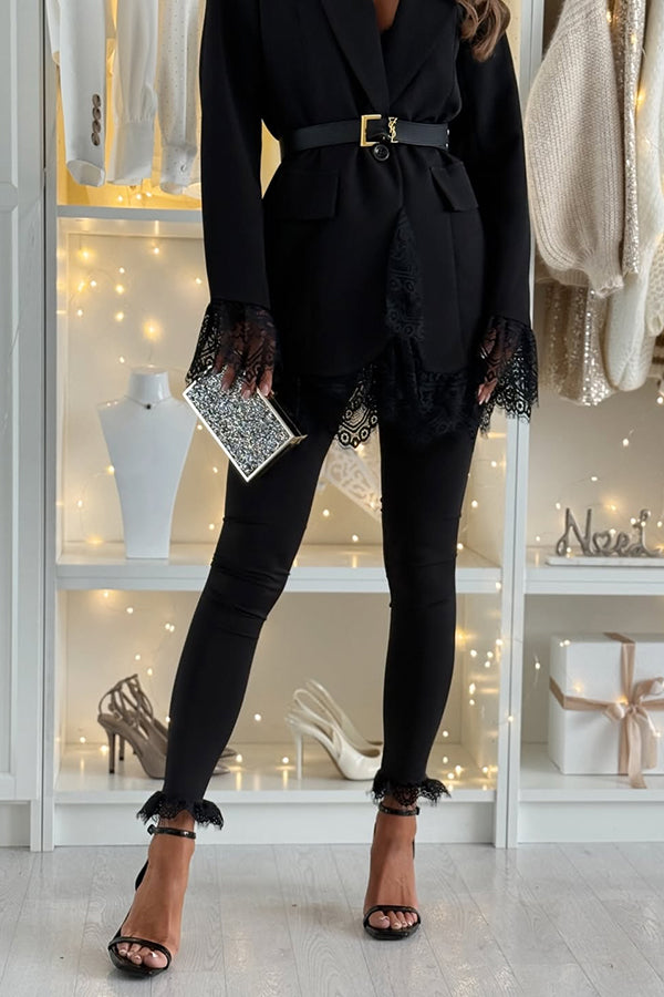 Spiced Muse Lace Trim High Rise Elastic Waist Stretch Pencil Pants