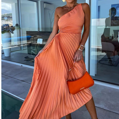 One Shoulder Pleated Side Cut Out Asymmetrical Hem Midi Dress