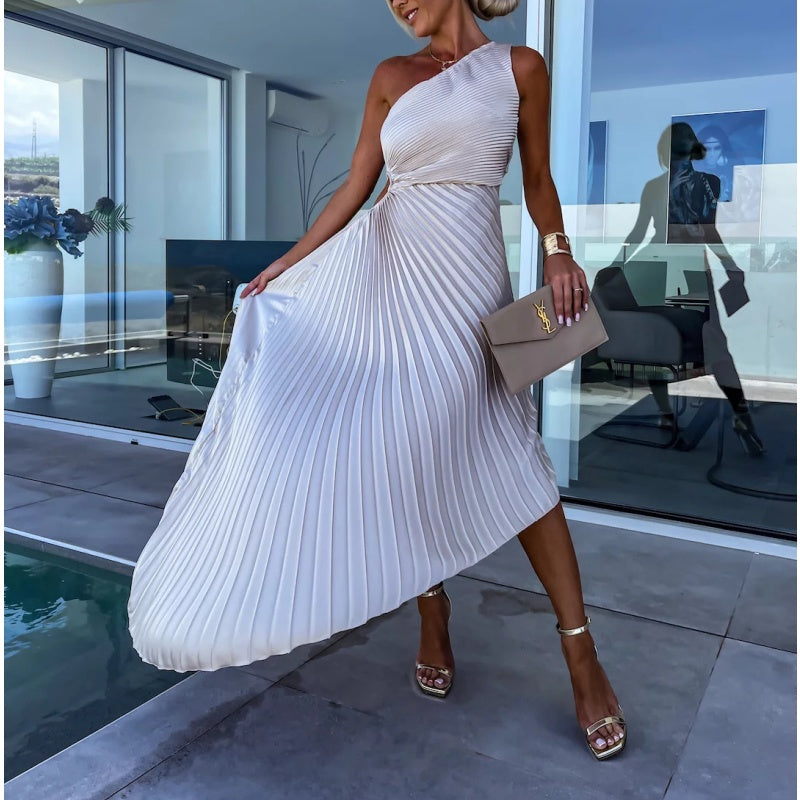 One Shoulder Pleated Side Cut Out Asymmetrical Hem Midi Dress