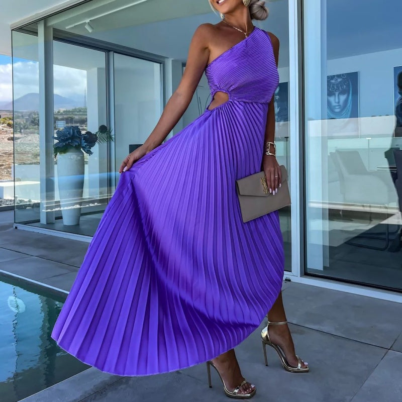 One Shoulder Pleated Side Cut Out Asymmetrical Hem Midi Dress