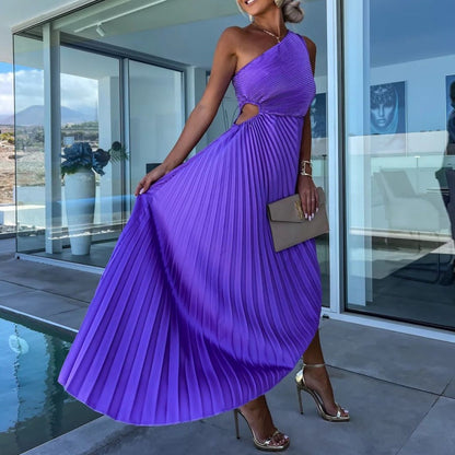 One Shoulder Pleated Side Cut Out Asymmetrical Hem Midi Dress