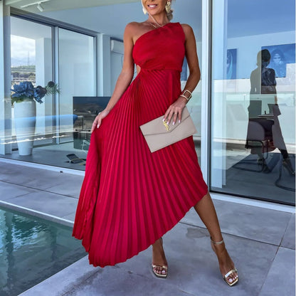 One Shoulder Pleated Side Cut Out Asymmetrical Hem Midi Dress