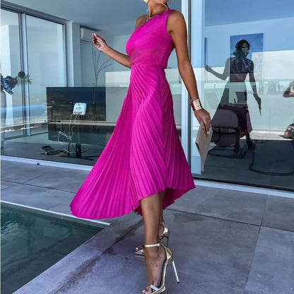 One Shoulder Pleated Side Cut Out Asymmetrical Hem Midi Dress