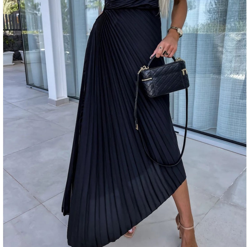 One Shoulder Pleated Side Cut Out Asymmetrical Hem Midi Dress