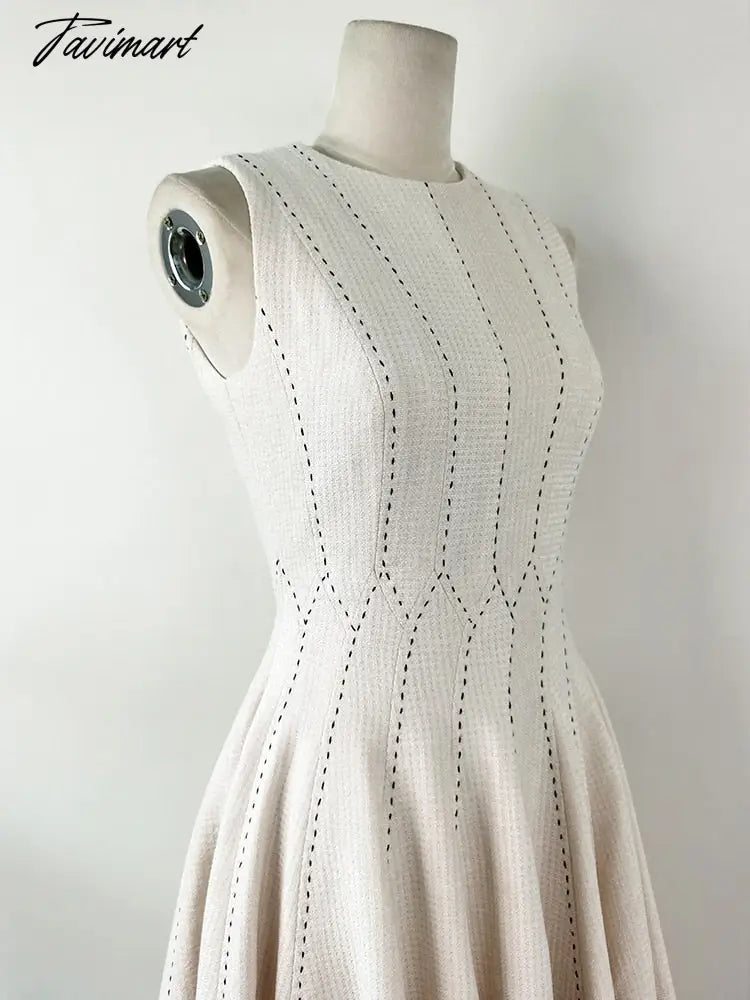 Spring Autumn Dresses Woman Round Neck Sleeveless Striped Woolen Elegant Vestidos De Fiesta