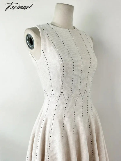 Spring Autumn Dresses Woman Round Neck Sleeveless Striped Woolen Elegant Vestidos De Fiesta