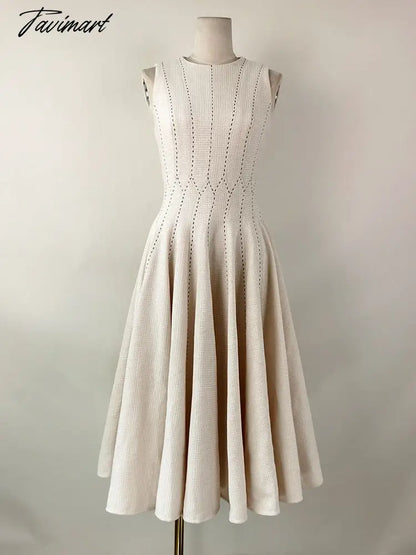 Spring Autumn Dresses Woman Round Neck Sleeveless Striped Woolen Elegant Vestidos De Fiesta