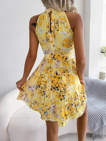 Spring Summer Floral Halter Neck Lace-up A-line Floral Dress