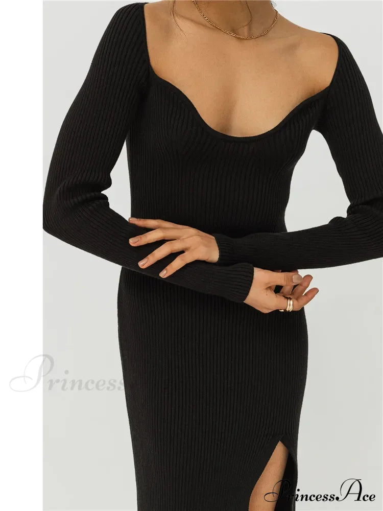 Square Collar Ribbed Maxi Dress