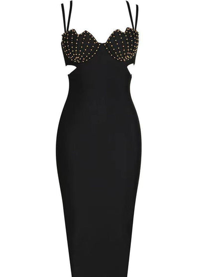 Sweetheart Double Strap Pearl Stud Scalloped Cup Side Cutout Bandage Midi Dress