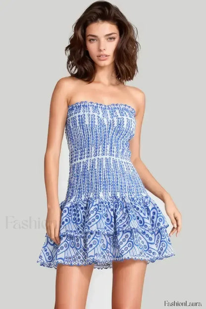 Strapless Flower Embroidery Mini Dress