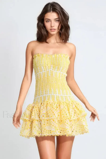 Strapless Flower Embroidery Mini Dress
