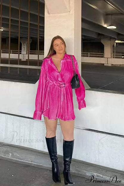 Strappy Waisted Pleated Shirts Dress