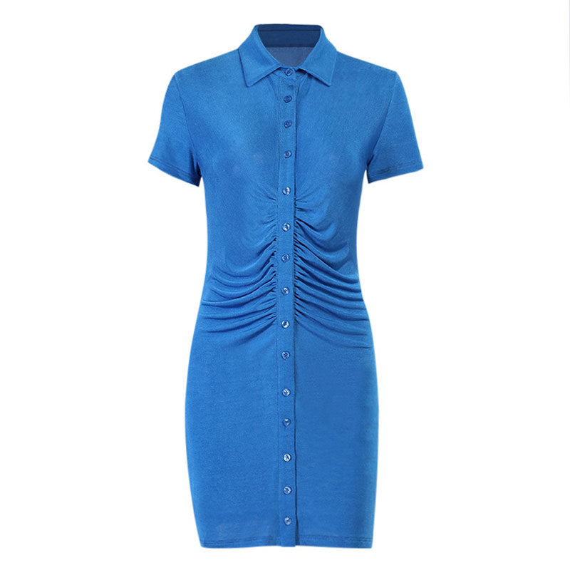 Point Collar Button Front Ruched Rib Knit Mini Dress