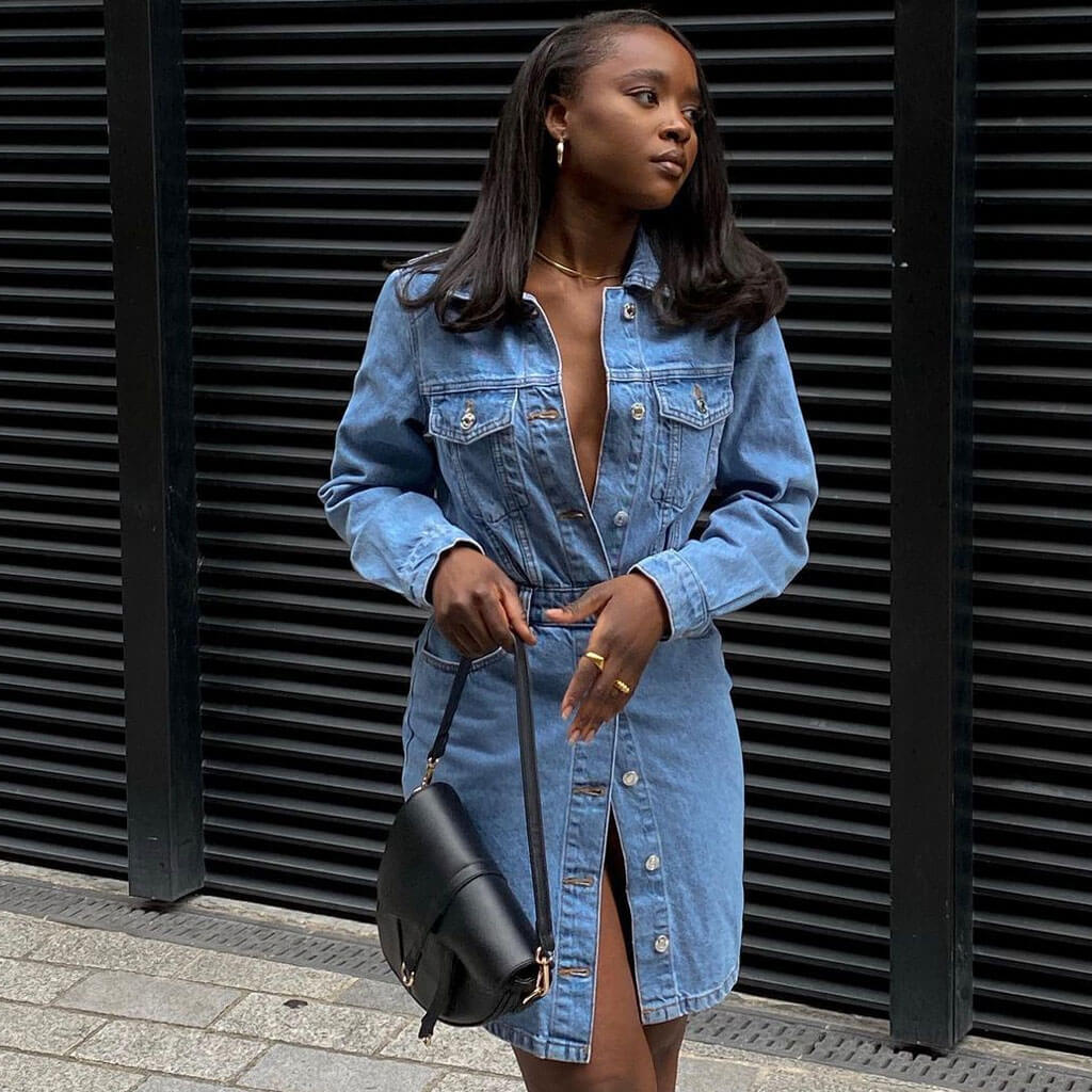 Point Collar Button Front Chest Pocket Denim Mini Dress